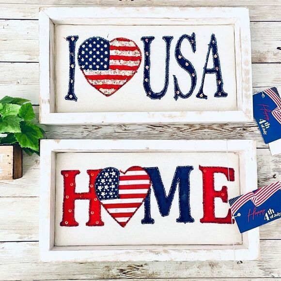 NWT 2 Noor-e-Noire Patriotic Cushioned Block Signs Tabletop Art Decor I Love USA - Picture 1 of 13